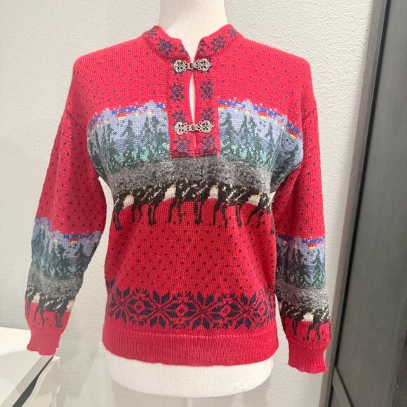Maria Lammi Finland 100% Merino Wool Hand Knit Nordic Sweater Red Reindeer XS/S - Picture 1 of 12
